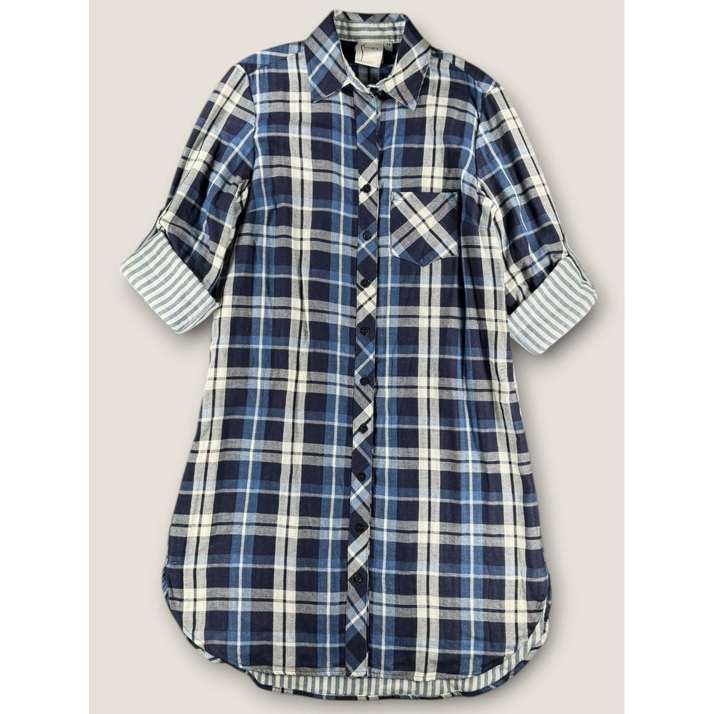 Finley Shirtdress XS Blue Plaid 100% Cotton Button Down Tunic‎ Made in USA
